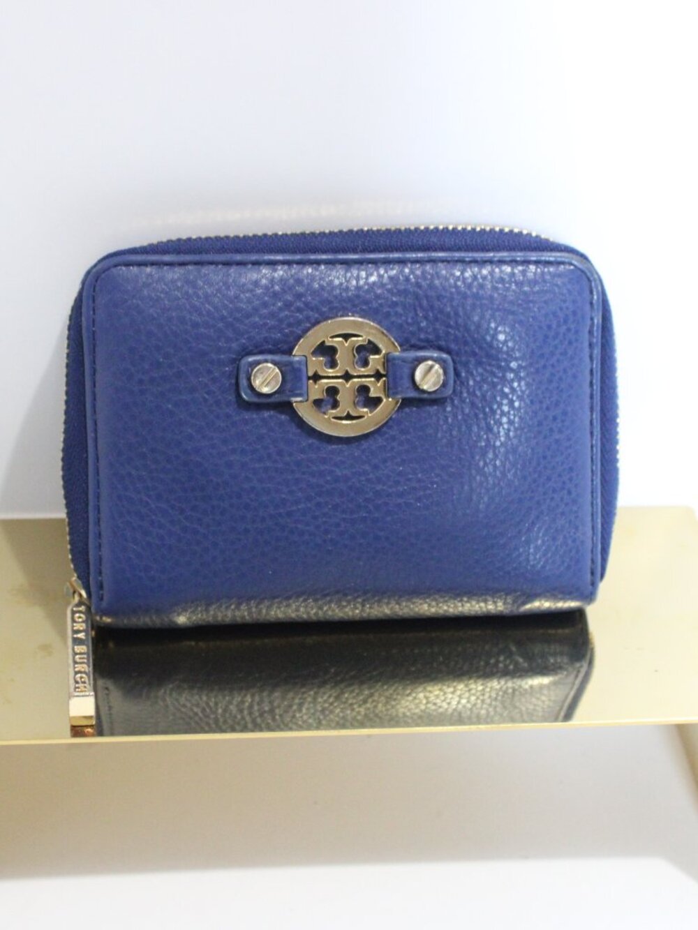 Tory Burch, Blue Pebbled Leather, small Wallet with Gold Hardware